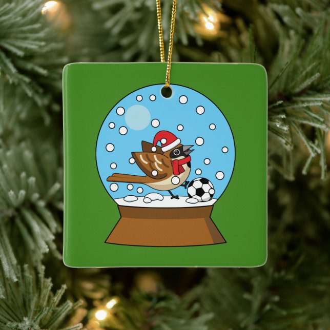 Snow Globe with Cute Sparrow Playing Soccer Ceramic Ornament (Tree)