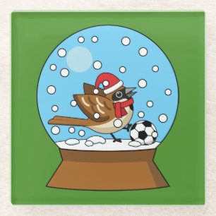 Snow Globe with Cute Sparrow Playing Soccer Glass Coaster