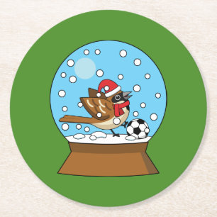 Snow Globe with Cute Sparrow Playing Soccer Round Paper Coaster
