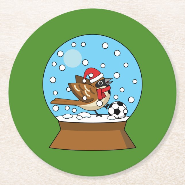 Snow Globe with Cute Sparrow Playing Soccer Round Paper Coaster (Front)