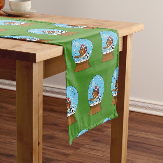 Snow Globe with Cute Sparrow Playing Soccer Short Table Runner (In Situ)