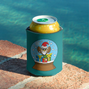 Snow Globe with Santa Claus Owl Can Cooler