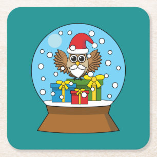 Snow Globe with Santa Claus Owl Square Paper Coaster