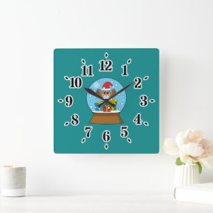Snow Globe with Santa Claus Owl Square Wall Clock