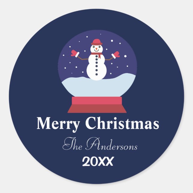 Snow Globe with snowman Christmas  Family name Classic Round Sticker (Front)