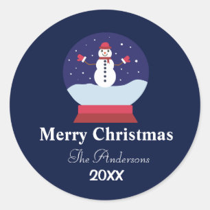 Snow Globe with snowman Christmas Family name Classic Round Sticker