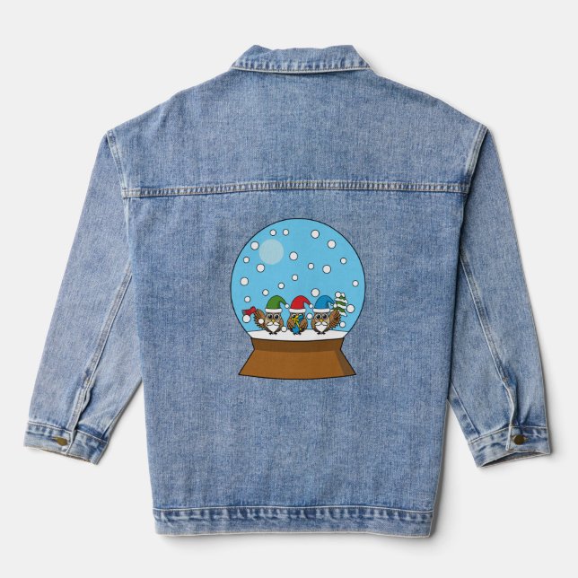 Snow Globe with Three Gnome Owls Denim Jacket (Back)
