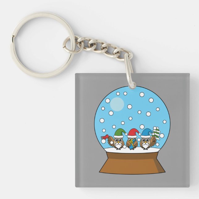 Snow Globe with Three Gnome Owls Key Ring (Front)