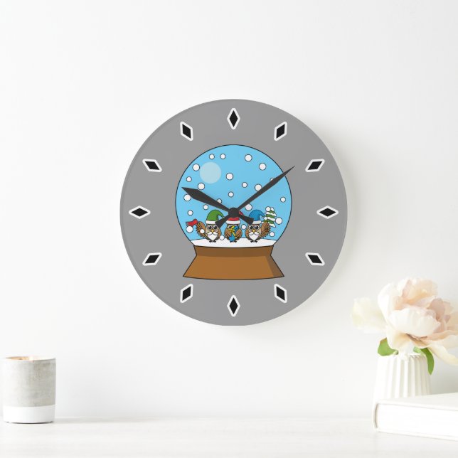 Snow Globe with Three Gnome Owls Large Clock (Home)