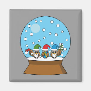 Snow Globe with Three Gnome Owls Magnet
