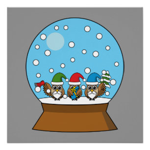 Snow Globe with Three Gnome Owls Poster