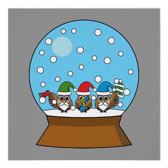 Snow Globe with Three Gnome Owls Poster (Front)