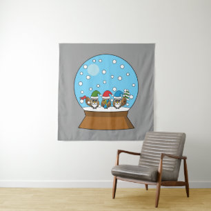 Snow Globe with Three Gnome Owls Tapestry