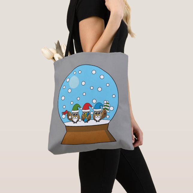 Snow Globe with Three Gnome Owls Tote Bag (Close Up)
