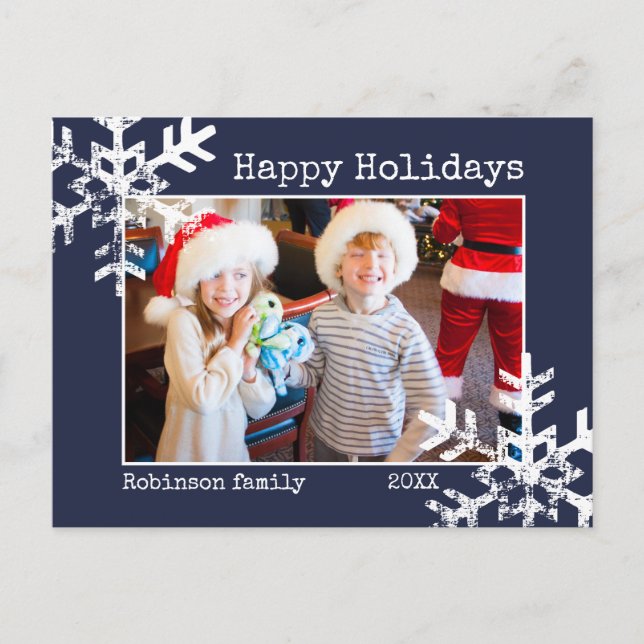 Snow Happy Holiday Photo Christmas Navy Blue Postcard (Front)
