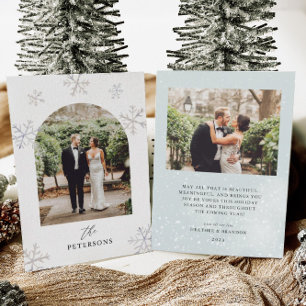 Snow Holiday Newlyweds Arched Photo Christmas Card