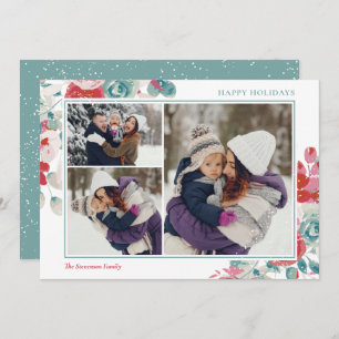 Snow holidays green red floral 3 photos holiday card