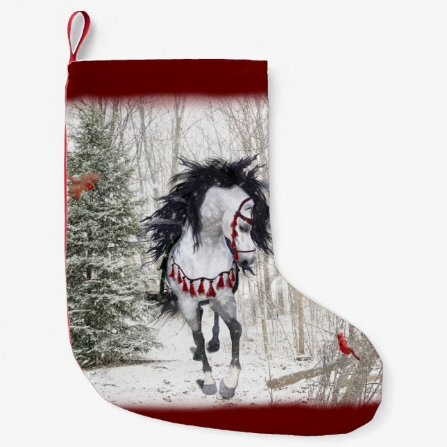 Snow Horse & Cardinals Christmas Stocking (Front)