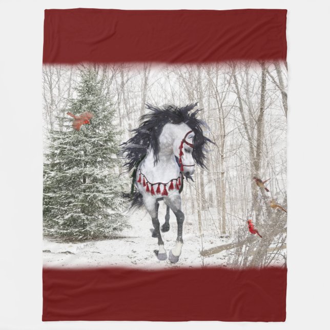 Snow Horse & Cardinals Fleece Blanket (Front)