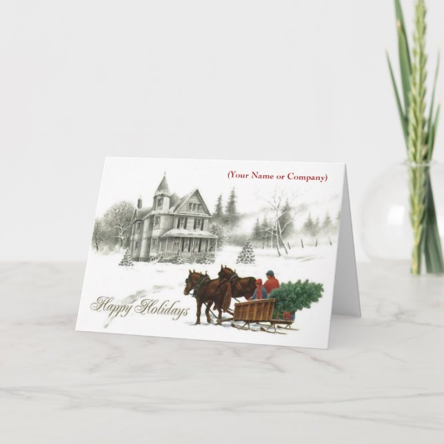 Snow Horses Corporate Imprinted Business Christmas Holiday Card (Front)