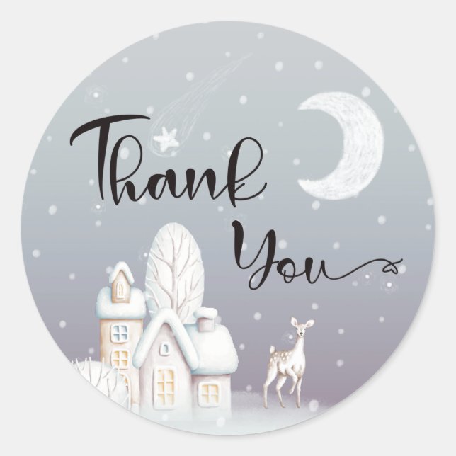 Snow house baby shower thank you  classic round sticker (Front)