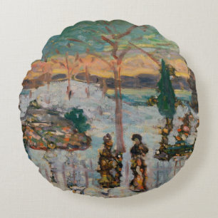 Snow in April by Maurice Prendergast, Vintage Art Round Cushion