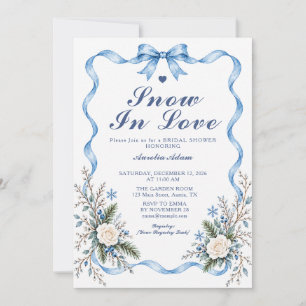 Snow in Love Blue Bow Boho Winter Bridal Shower Invitation