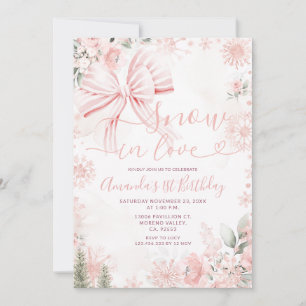 Snow In Love Pink Bow Floral Christmas Birthday Invitation