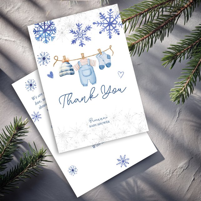 Snow in love snowflakes winter baby shower thank you card (Snow in love cute blue snowflakes baby clothes line winter baby shower thank you cards)