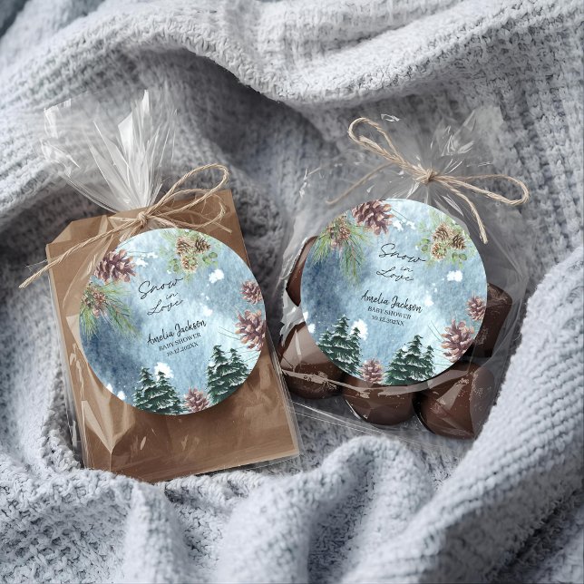 Snow in love snowy pines winter bridal shower  classic round sticker (Creator Uploaded)
