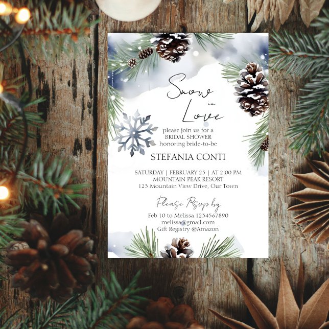 Snow in love snowy pines winter bridal shower invitation (Snow in love winter bridal shower editable template invitation digital download watercolor pines)