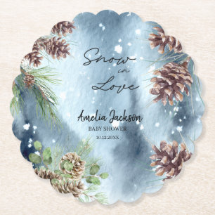 Snow in love snowy pines winter bridal shower  paper coaster