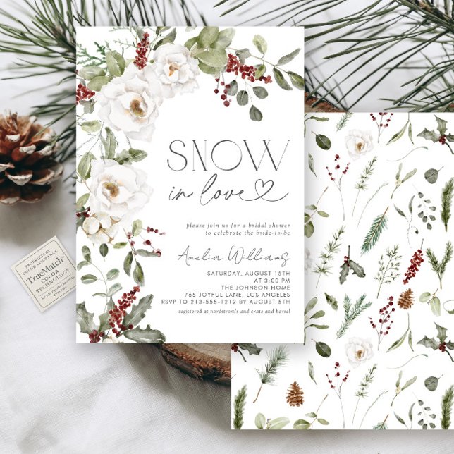 Snow in Love White Flowers Pine Winter Invitation (Creator Uploaded)