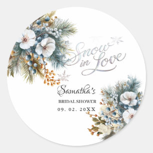 Snow in love winter bridal shower classic round sticker