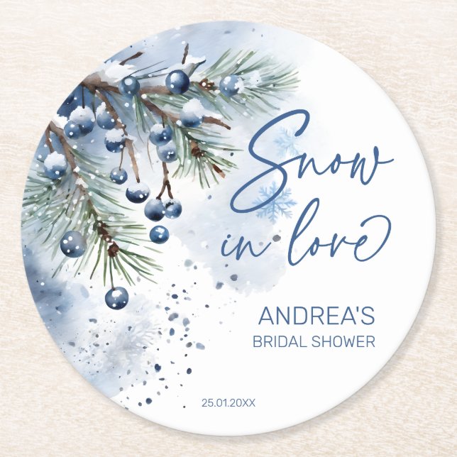 Snow in love winter bridal shower favours round paper coaster (Front)