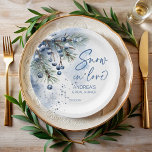 Snow in love winter bridal shower monogrammed<br><div class="desc">Snow in love winter bridal shower monogrammed paper plates template,  watercolor dusty blue winter berries on snowy pine branches snowflakes personalised paper plates,  winter bridal shower personalised table decor customised paper plates,  winter bridal shower party supplies</div>