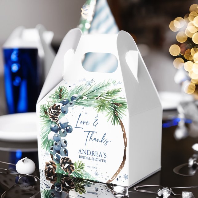 Snow in love winter bridal shower pines wreath favour box (Snow in love winter bridal shower pines blue winter berries wreath template favor box dusty blue)