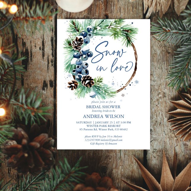 Snow in love winter bridal shower pines wreath invitation (Snow in love winter bridal shower editable template invitation digital download watercolor pines)