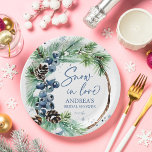 Snow in love winter bridal shower pines wreath paper plate<br><div class="desc">Snow in love winter bridal shower template party plates,  watercolor dusty blue winter berries on snowy pine branches snowflakes modern casual font personalised bridal shower tableware custom plates</div>
