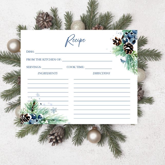 Snow in love winter bridal shower recipe card (Snow in love winter bridal shower recipe card snowy pines with pine cones and winter berries)