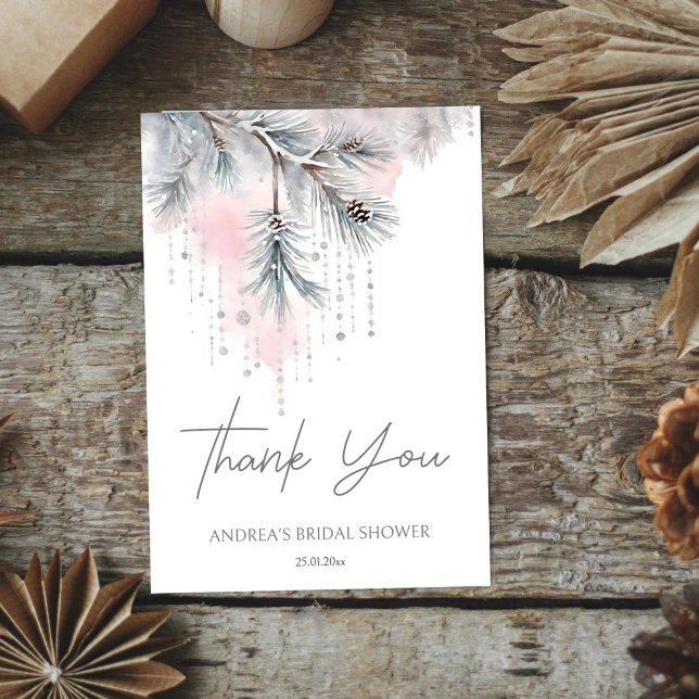 Snow in love winter bridal shower template (Snow in love winter bridal shower template thank you card watercolor pastel snowy pines and crystals)