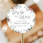 Snow in Love Winter Christmas Bridal Shower Classic Round Sticker<br><div class="desc">The Snow in Love Winter Christmas Bridal Shower Classic Round Sticker captures the romance and beauty of a winter wonderland with a touch of festive charm. The design features a watercolor illustration of evergreen branches dusted with snow, creating a soft, enchanting backdrop for a celebration. Red florals and berries are...</div>