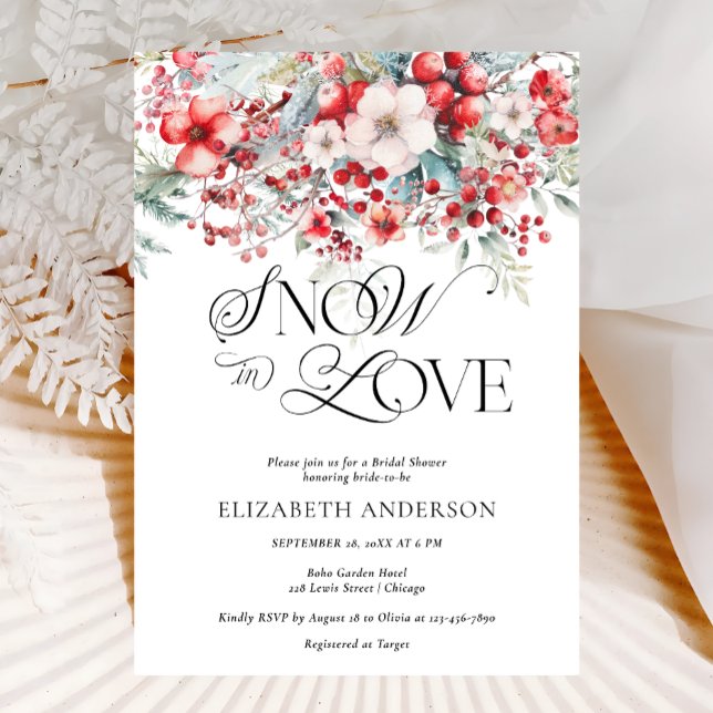 Snow in Love Winter Red Floral Bridal Shower Invitation (Creator Uploaded)