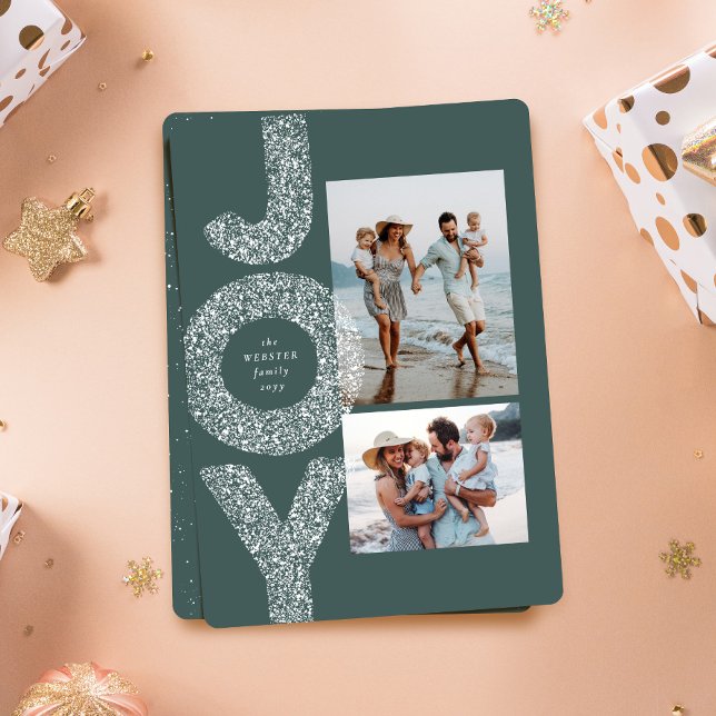 Snow joy speckle two photo green Christmas Holiday Card (Creator Uploaded)