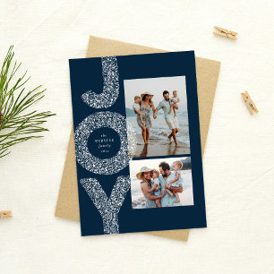 Snow joy speckle two photo navy Christmas Holiday Card