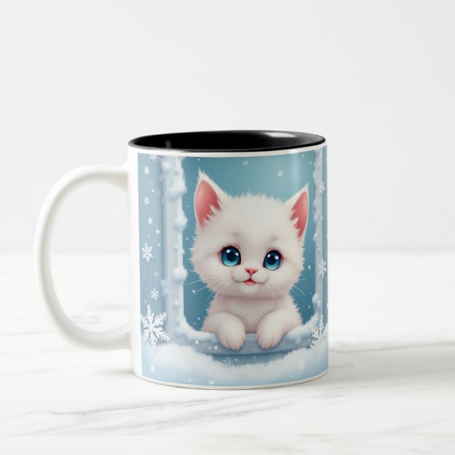 Snow kitten mug, Wintry inspired mug, Cat lover  Two-Tone Coffee Mug (Left)