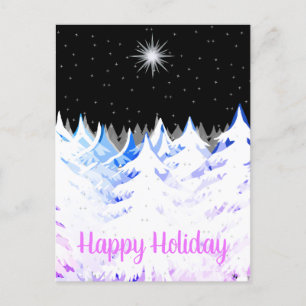 Snow Laden Trees Blue Purple Stars Night Sky Holiday Postcard