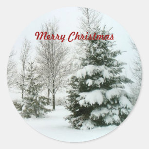 Snow-Laden Trees, "Merry Christmas" Classic Round Sticker