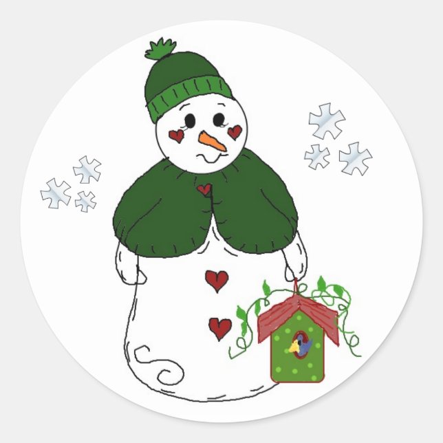 Snow Lady with Birdhouse Classic Round Sticker (Front)