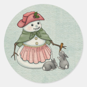 Snow Lady with Bunnies Christmas Holiday Classic Round Sticker